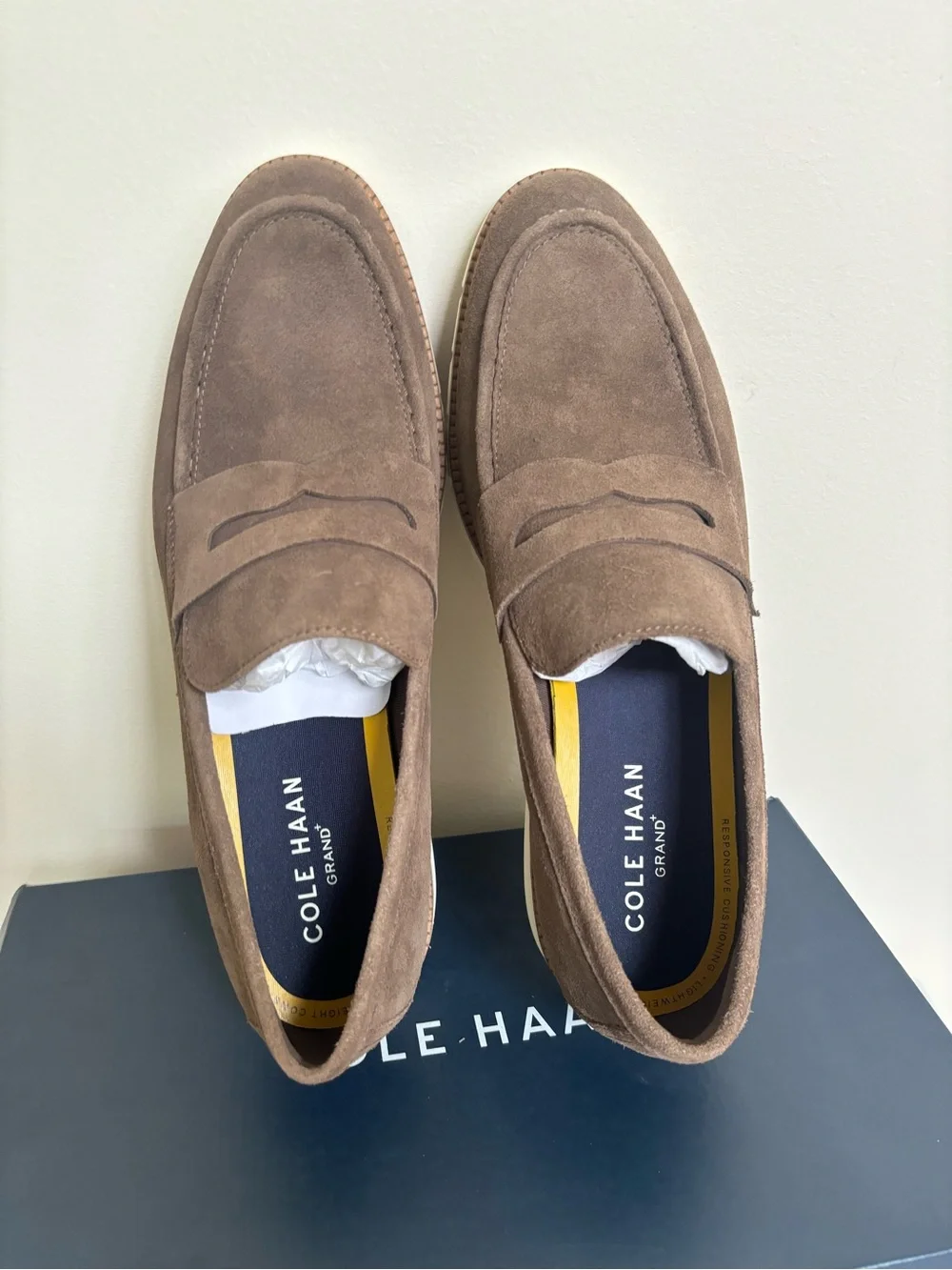 Cole Haan Flexgrand+ Penny Loafers Men 11M Truffle Suede Ivory Slip on shoes New